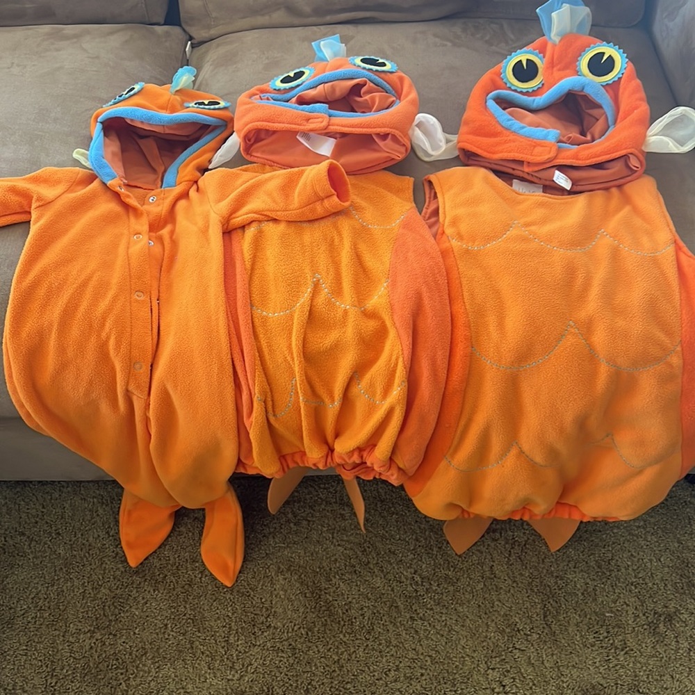 THREE Pottery Barn gold fish costumes (0-6 month, 12-24 month, and 4-6 years)